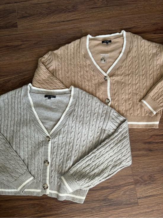Love Tree Sweaters - Love Tree Cable Knit Cardigan - Tan and Light Gray